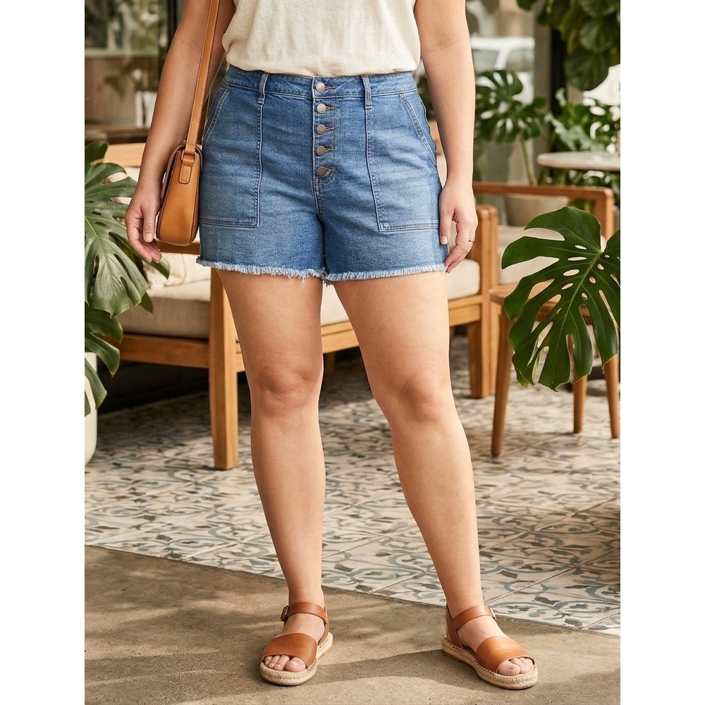 ANA A New Approach High Rise Button Fly Denim Shorts Women's 18 Blue Stretch